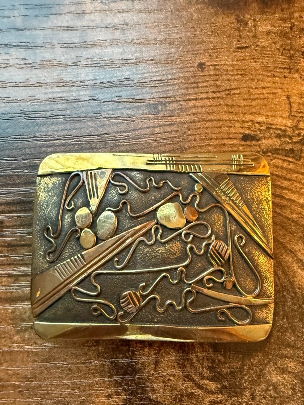 Vintage Abstract Brass Belt Buckle Brutalist Mixed Metal Art Nouveau
